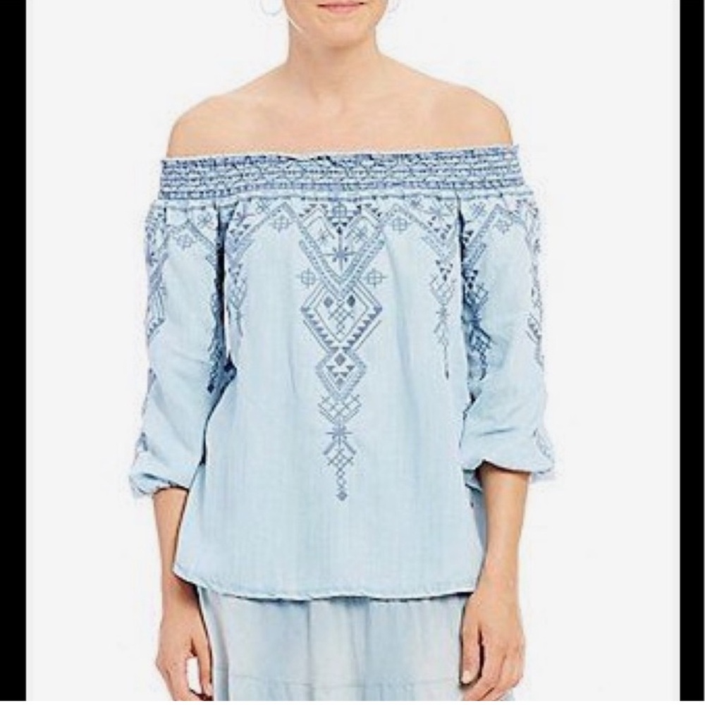 Reba Blue Off-the-Shoulder Embellished Blouse
